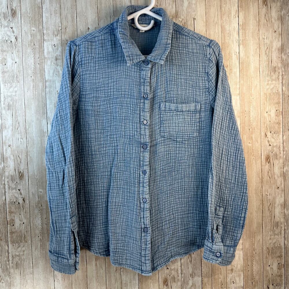 Lucky Brand Button Up Shirt Womens S Blue Waffle Textured Long Sleeve‎ Pocket